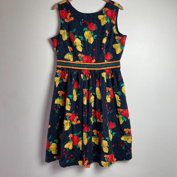Eva Mendes Dresses & Skirts - Eva Mendes Fit Flare Dress sz 16 Navy Lemon Tomato Girl Summer Retro Fruit Print